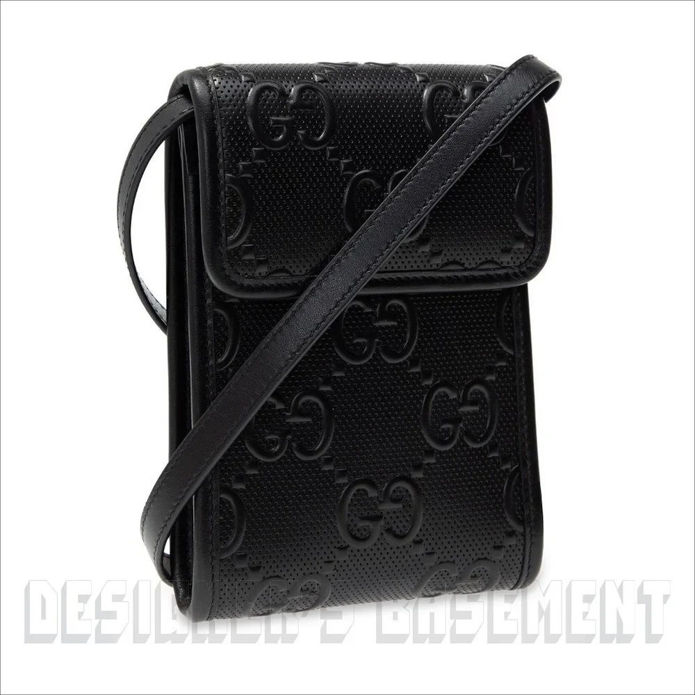 GUCCI black GG TENNIS smooth Perforated GUCCISSIMA Leather CrossBody PHONE bag🎁